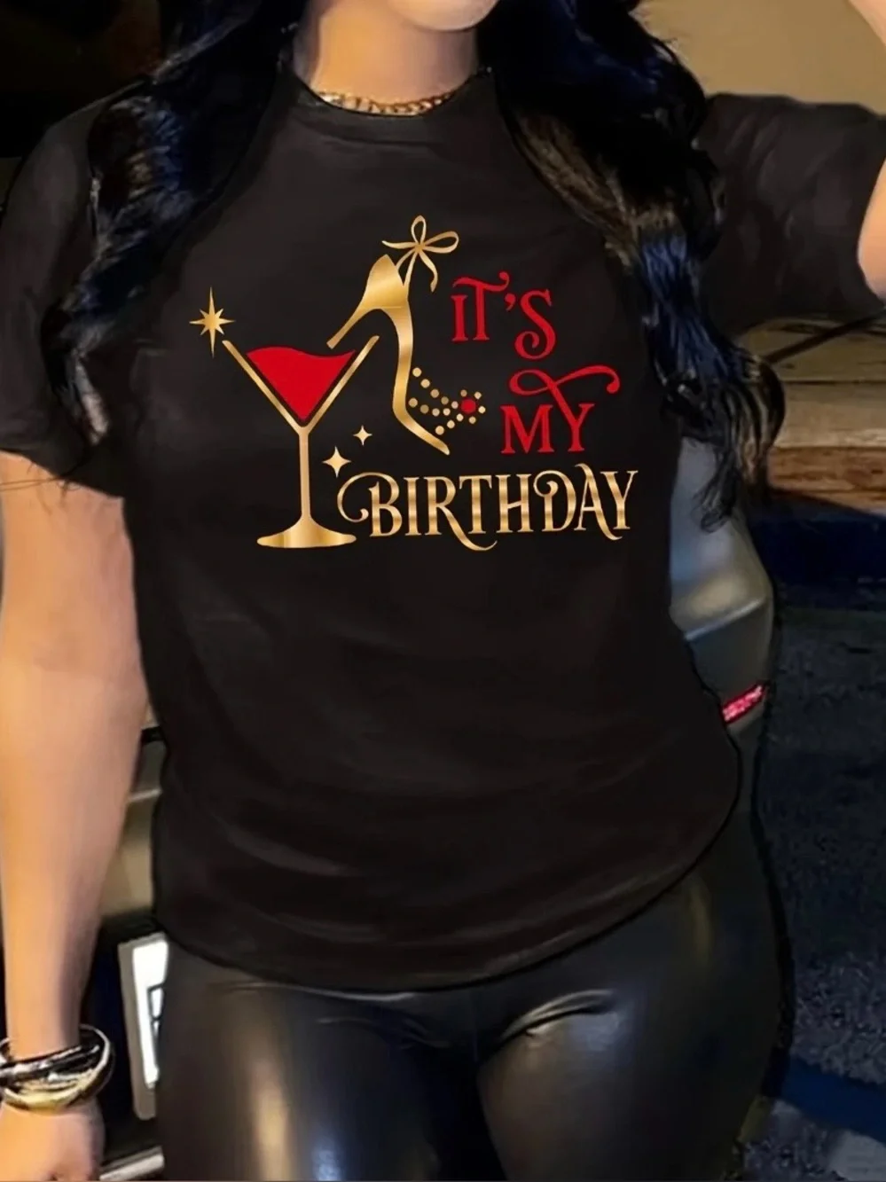 SHEIN Black Tee with Gold & Red Birthday Graphic